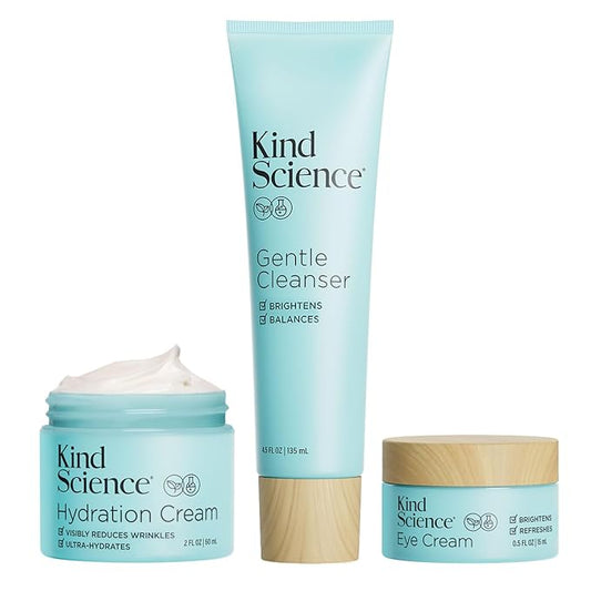 Kind Science 3-Piece Skin Care Set, Gentle Cleanser, Hydration Cream, Eye Cream - Essential Anti Aging Trio - Anti Aging Skin Care Set for Women - Paraben, Dye & Fragrance Free, Cruelty Free