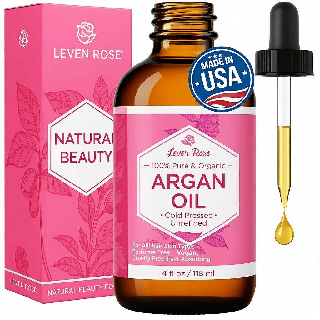 Leven Rose Organic Argan Oil for Hair, Face and Skin - 4 oz 100% Pure Moroccan Cold-Pressed Organic
