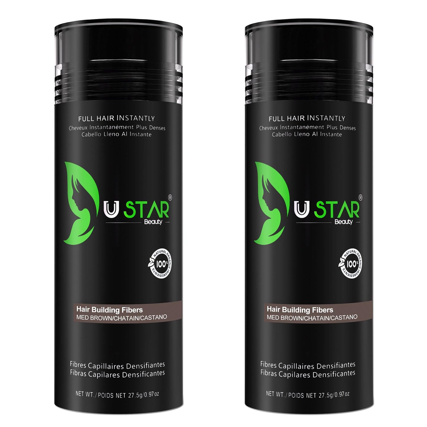 Ustar Hair Building Fibers for Thinning Hair 27.5g Conceals Hair Loss Instantly Thicker Fuller Look 9 Shades for Women & Men 2 Pack (Medium Brown)