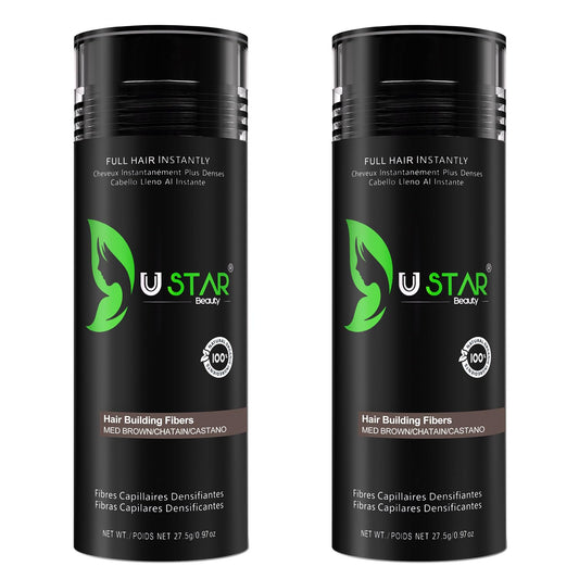 Ustar Hair Building Fibers for Thinning Hair 27.5g Conceals Hair Loss Instantly Thicker Fuller Look 9 Shades for Women & Men 2 Pack (Medium Brown)