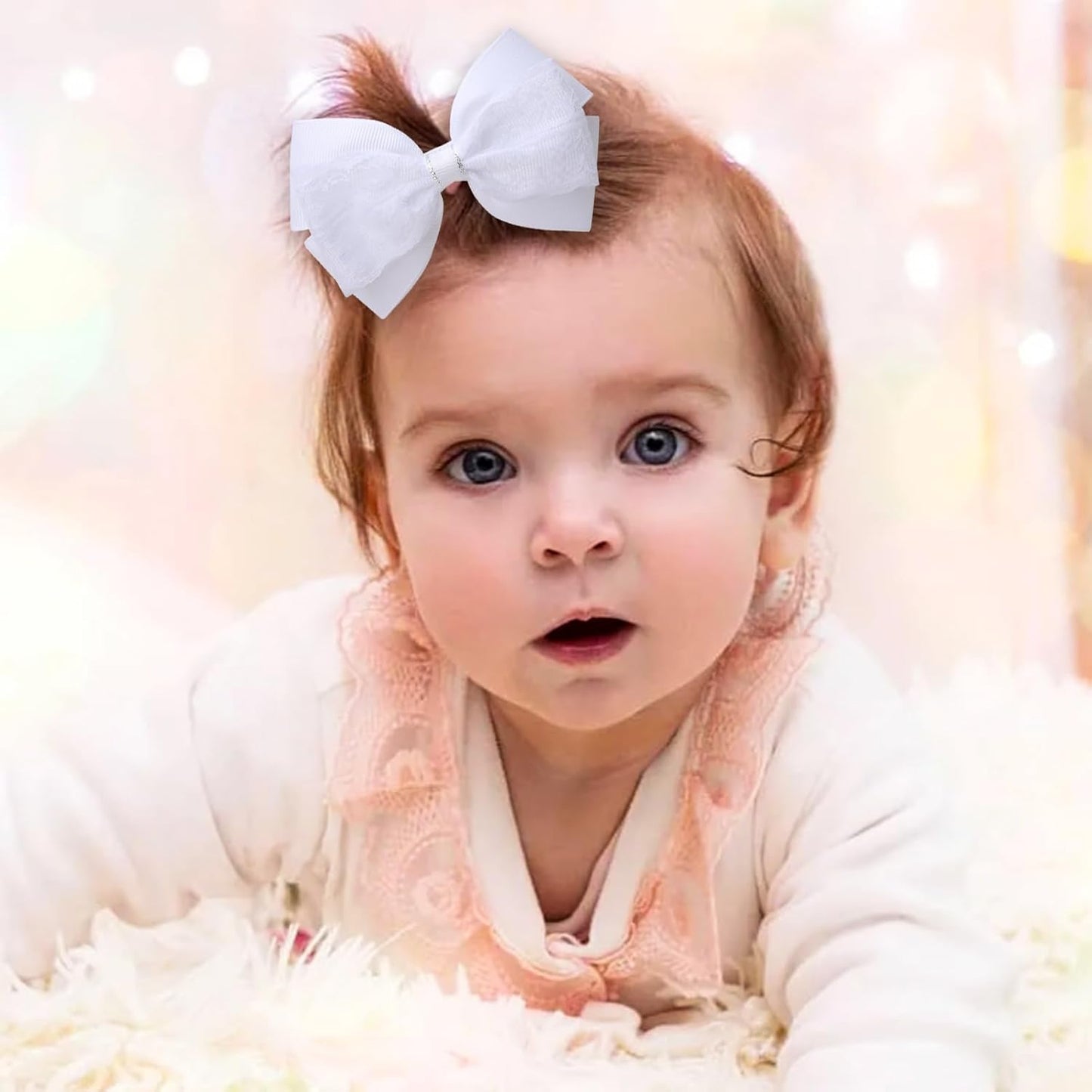 4-Inch Hair Bows Alligator Clips Delicate Lace Hair Accessories for Girls, Toddler, Kids and Women Daily Dress Up Birthday Wedding Christmas Occasions- Set of 2 (White)