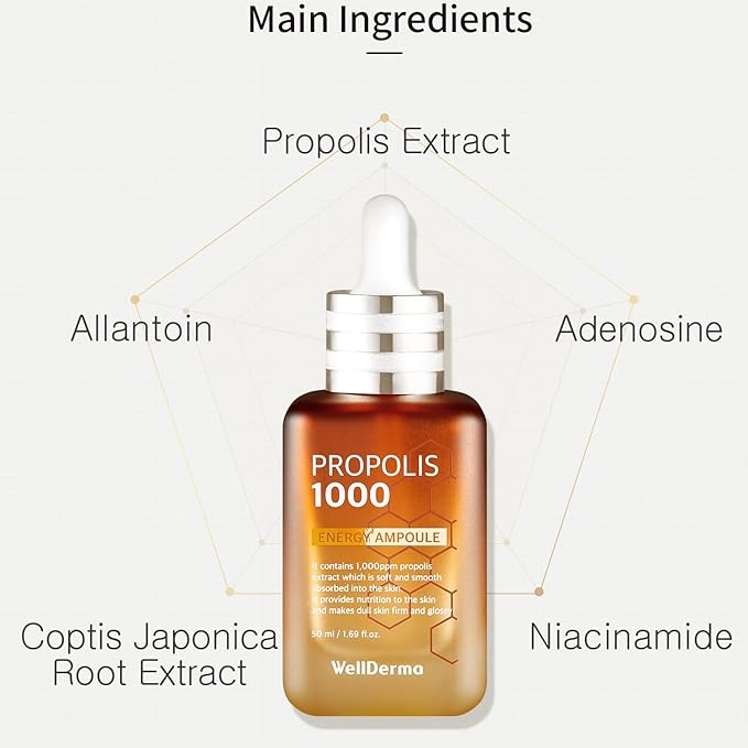 WellDerma Propolis Facial Ampoule for Dry Skin & Sensitive Skin Hydrating for Face Skin Care Korean Essence for Face Beauty Ampoule 1.69oz 50ml