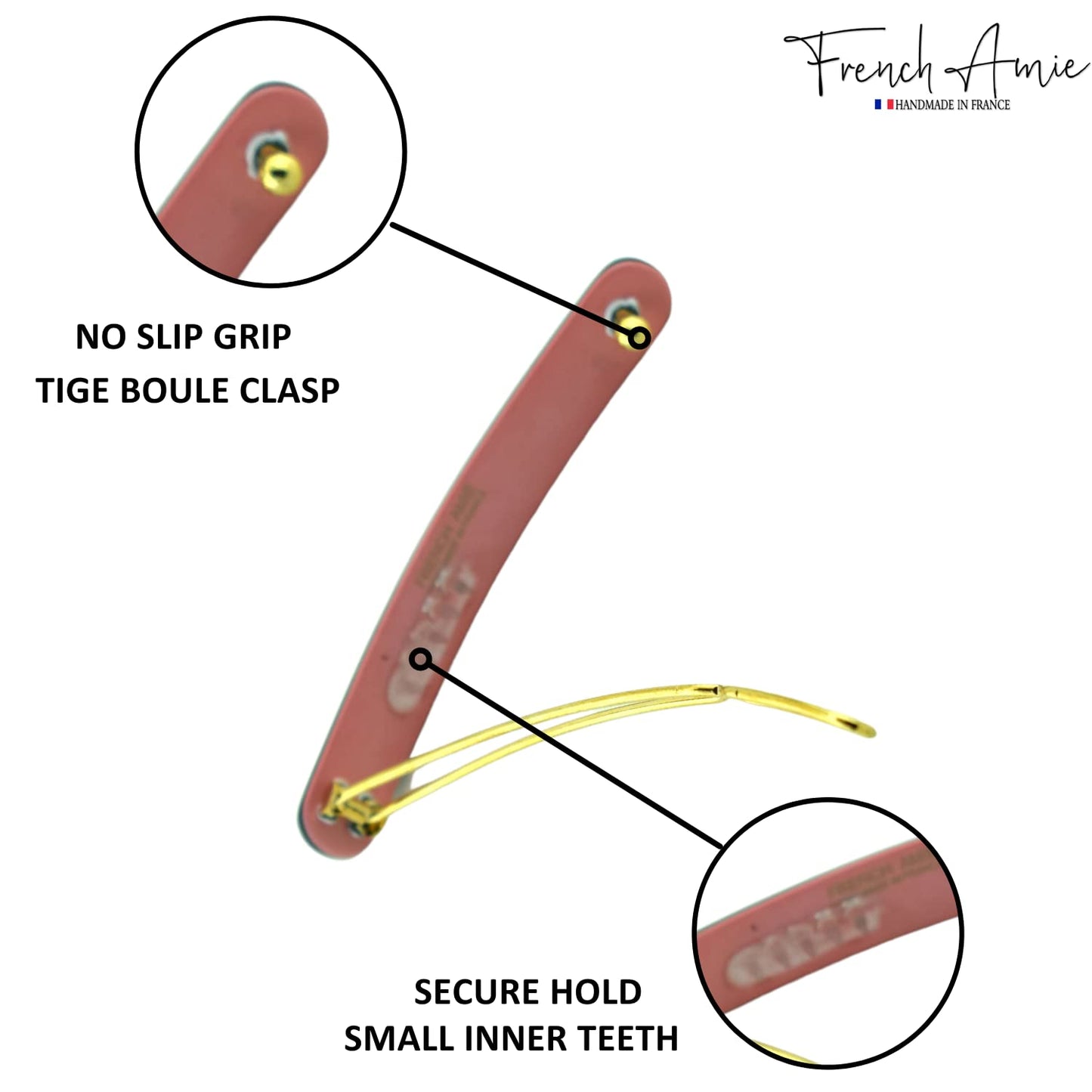 French Amie Rounded Oblong Small 2.5" Cellulose Set of 2 French Hair Clips Tige Boule Handmade Girls Side Slide-in Hair Barrette Clip (Pink)