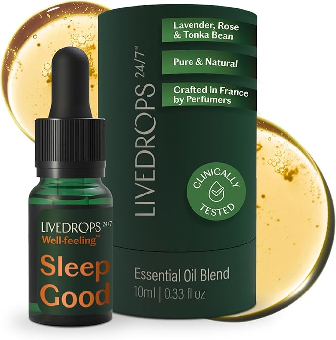 LIVEDROPS 24/7 Sleep Good Essential Oil Blend Crafted in France. Lavender, Rose & Tonka. Pure & Natural Aromatherapy Skin Safe & Diffuser Compatible Clinically Tested