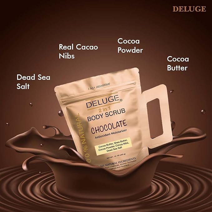 Deluge Chocolate Scrub for Cellulite and Stretch Marks, Body Exfoliant and Hydrating Cellulite Treatment with Shea Butter, Coconut Oil and Dead Sea Salt Firms, Tones and Moisturizes Skin (10 oz)