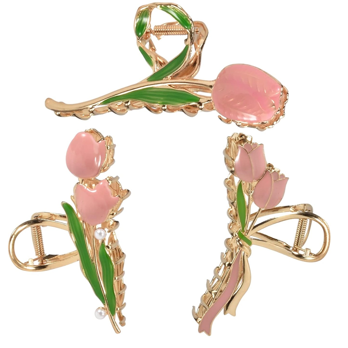3-Piece Floral Metal Hair Clips, 3-Style Tulip Claw Clamps for Thin/Medium Thick Hair, Elegant Barrettes with Strong Hold and Non-Slip Cute Accessories
