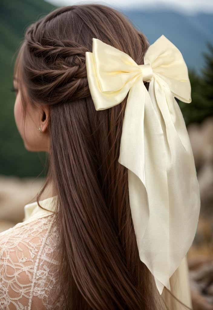 Furling Pompoms Hair Bows for Women Girls, 3pcs Big Bow Hair Clips Ribbon Hair Bow Ponytail Accessories, Holiday Party Birthday (Beige Black Hot Pink)