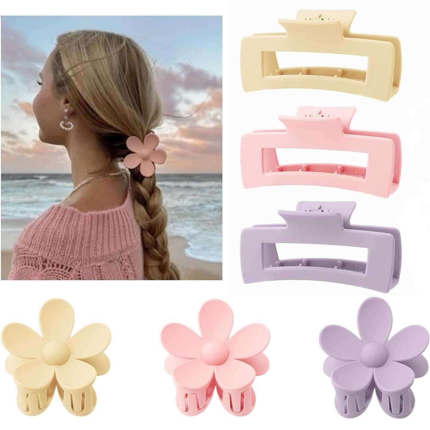 6 Pack Large Claw Clips for Women, Square & Flower Hair Clips for Thick Hair, Matte pink & purple Colors