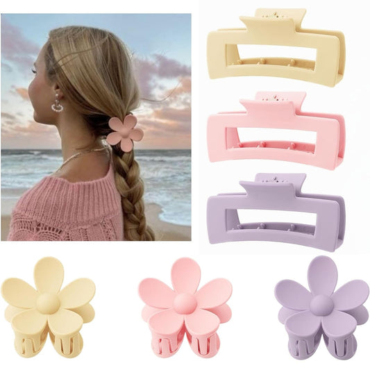 6 Pack Large Claw Clips for Women, Square & Flower Hair Clips for Thick Hair, Matte pink & purple Colors