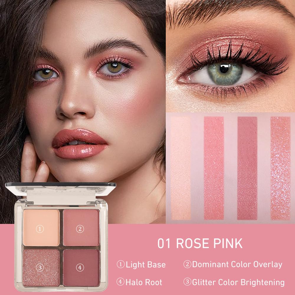 Eyeshadow Quads Glitter Matte Eyeshadow Palette, Nude Pink Dark Red Shimmer Sparkly Eyeshadow Palette Makeup, Daily Prom Eyeshadows Long-Lasting Waterproof Women Girls Eye Shadow 1#