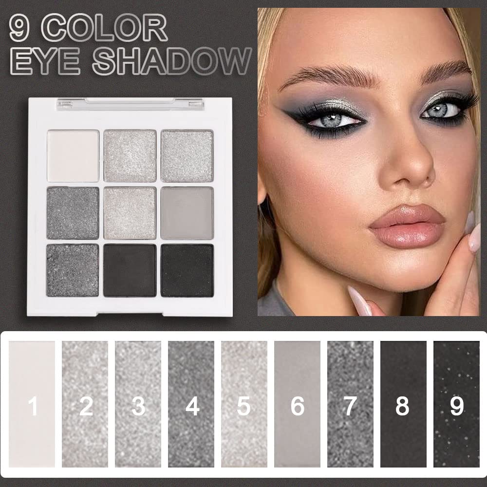 evpct 9 Colors Silver Gray Glitter Eyeshadow Palette, Black Smokey Grey and Silver White Sparkle Glitter Shimmer Shiny Eye Shadow Palette Makeup for older Women, High Pigment Eyeshadow Sombra de ojos