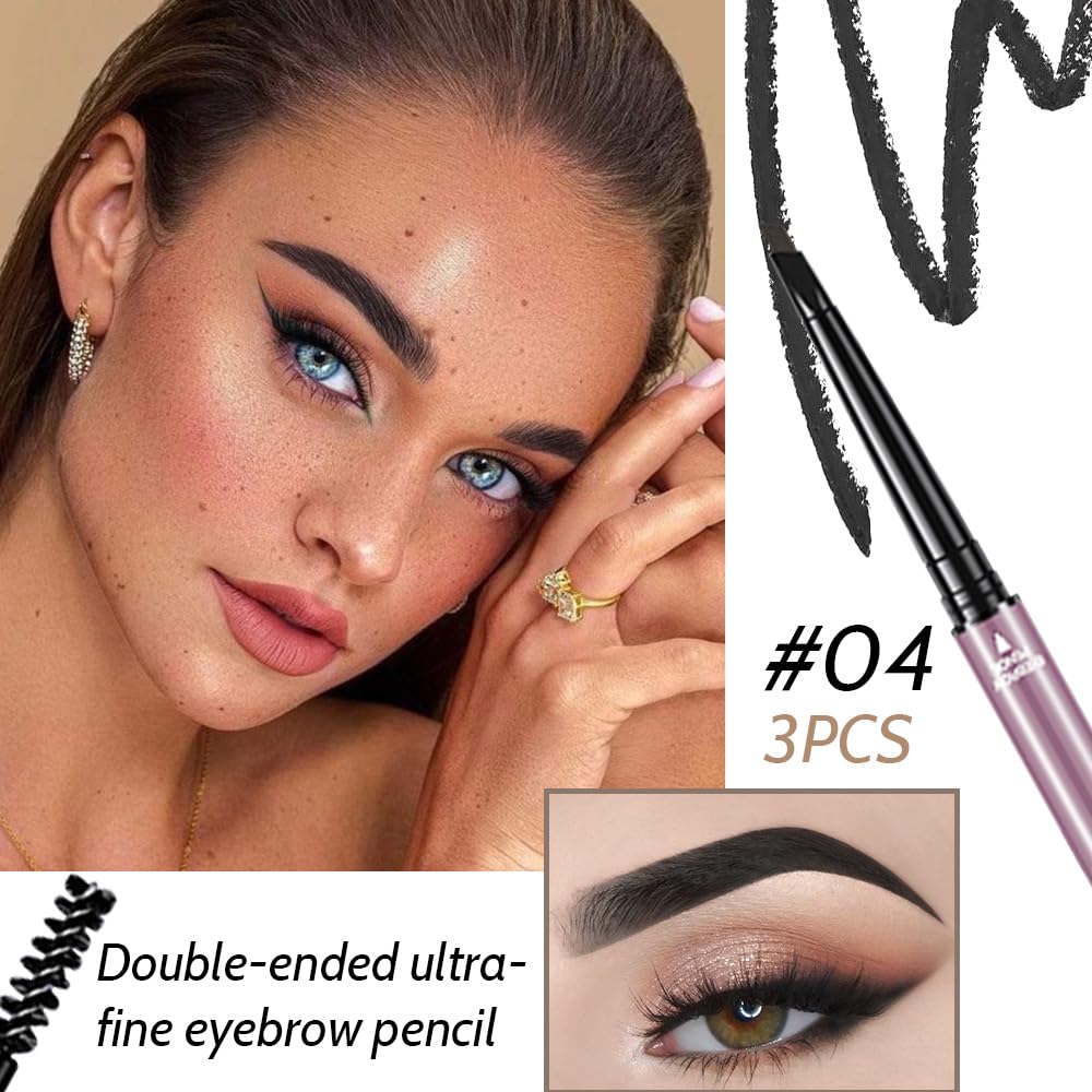 3 Pcs Black Eyebrow Pencils for Women,with Spoolie Brush,Eyebrow Pencil Soft Textured,Waterproof Sweat-proof for Fills in Sparse Areas and Gaps Create a Natural Eye Brow,Vegan & Cruelty-Free