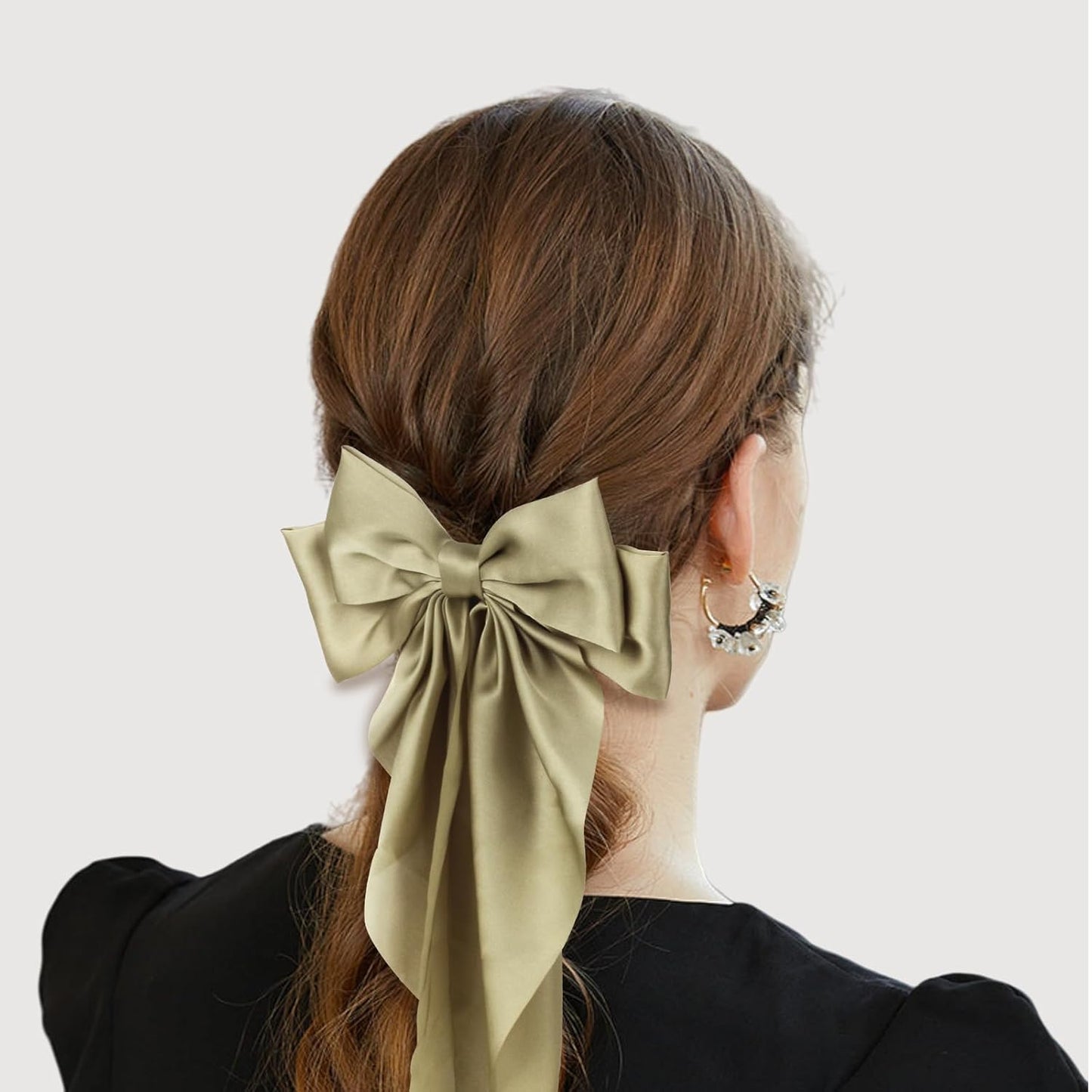 Silky Satin Hair Bows for Women Girls - 4PCS Ribbon Bows for Hair, Big Bow Hair Clips with Long Tail, Barrettes - Cute Hair Accessories Gifts (Black, Leopard, Green, Beige)