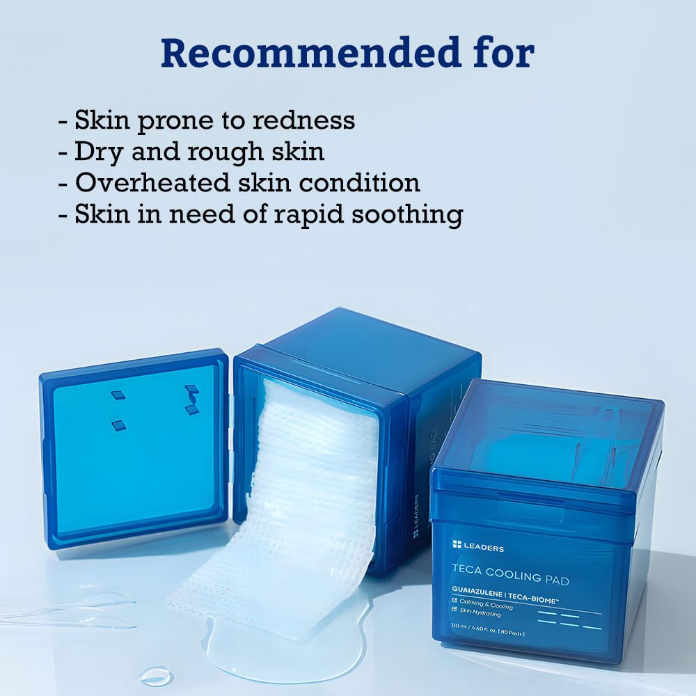 LEADERS Teca Cooling Toner Pad - Instant Relief for Dry, Overheated Skin | Vegan-Certified | Clinically Proven Efficacy | Korean Skincare 80 Pads x 130ml