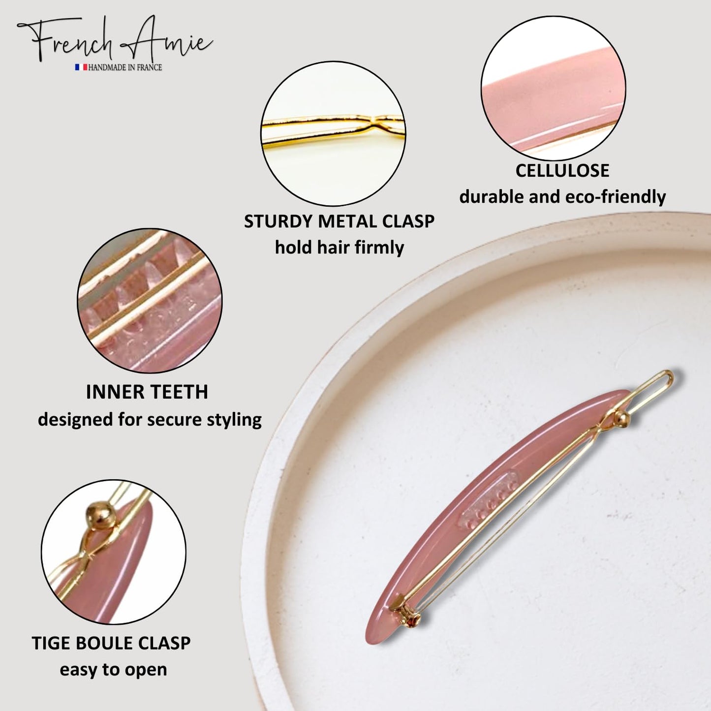 French Amie Narrow Oblong Small 2 1/4" Celluloid Acetate Set of 2 Side Slide In Hair Clip Barrettes with Tige Boule Clasp for Girls and Women, Made in France (Blush Pink)