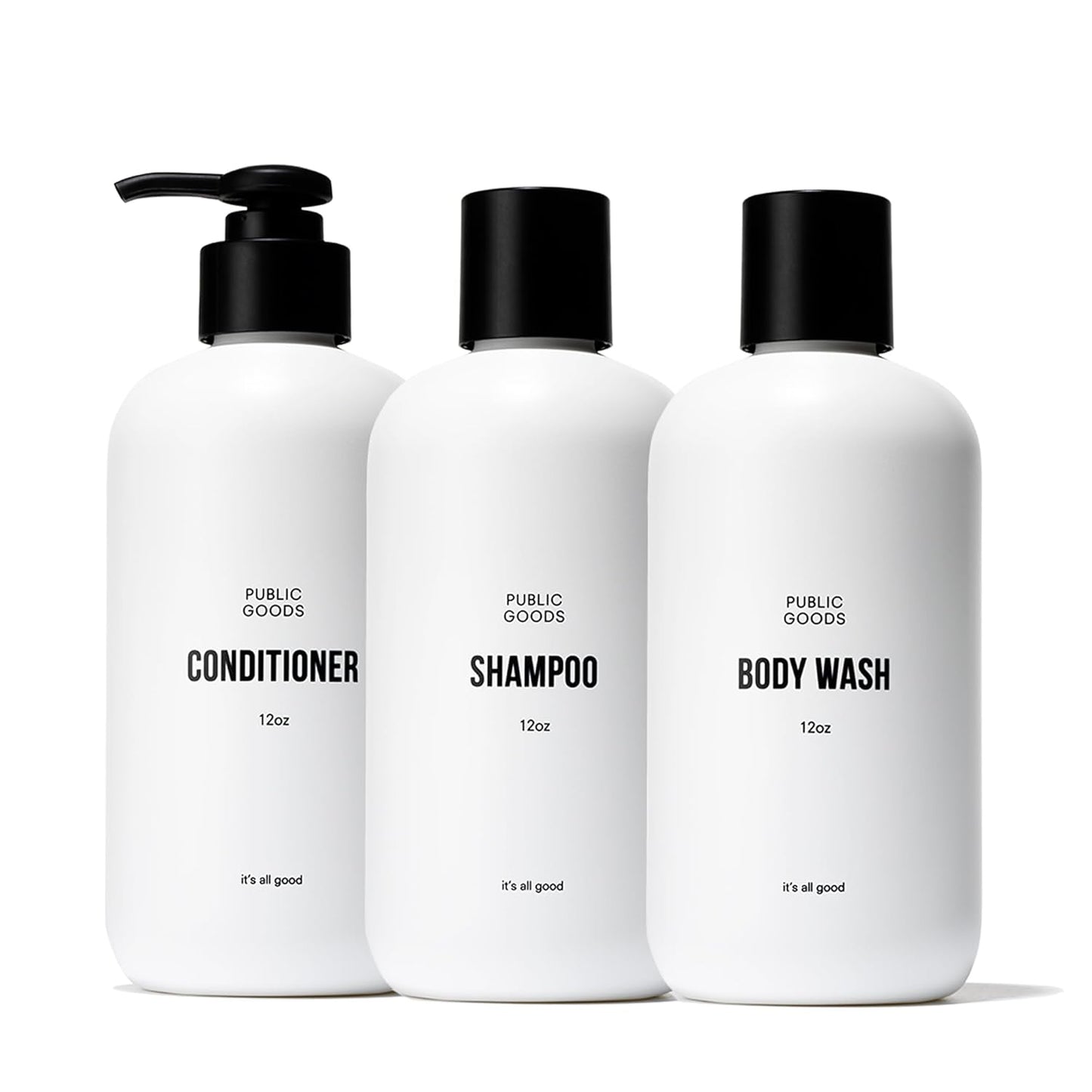 Public Goods Shower Essentials for Men and Women | Natural Shampoo, Conditioner & Body Wash | Made with Organic Essential Oils | Sulfate & Paraben Free | Vegan Friendly | 12 Fl Oz Bottles