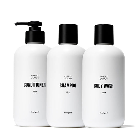 Public Goods Shower Essentials for Men and Women | Natural Shampoo, Conditioner & Body Wash | Made with Organic Essential Oils | Sulfate & Paraben Free | Vegan Friendly | 12 Fl Oz Bottles