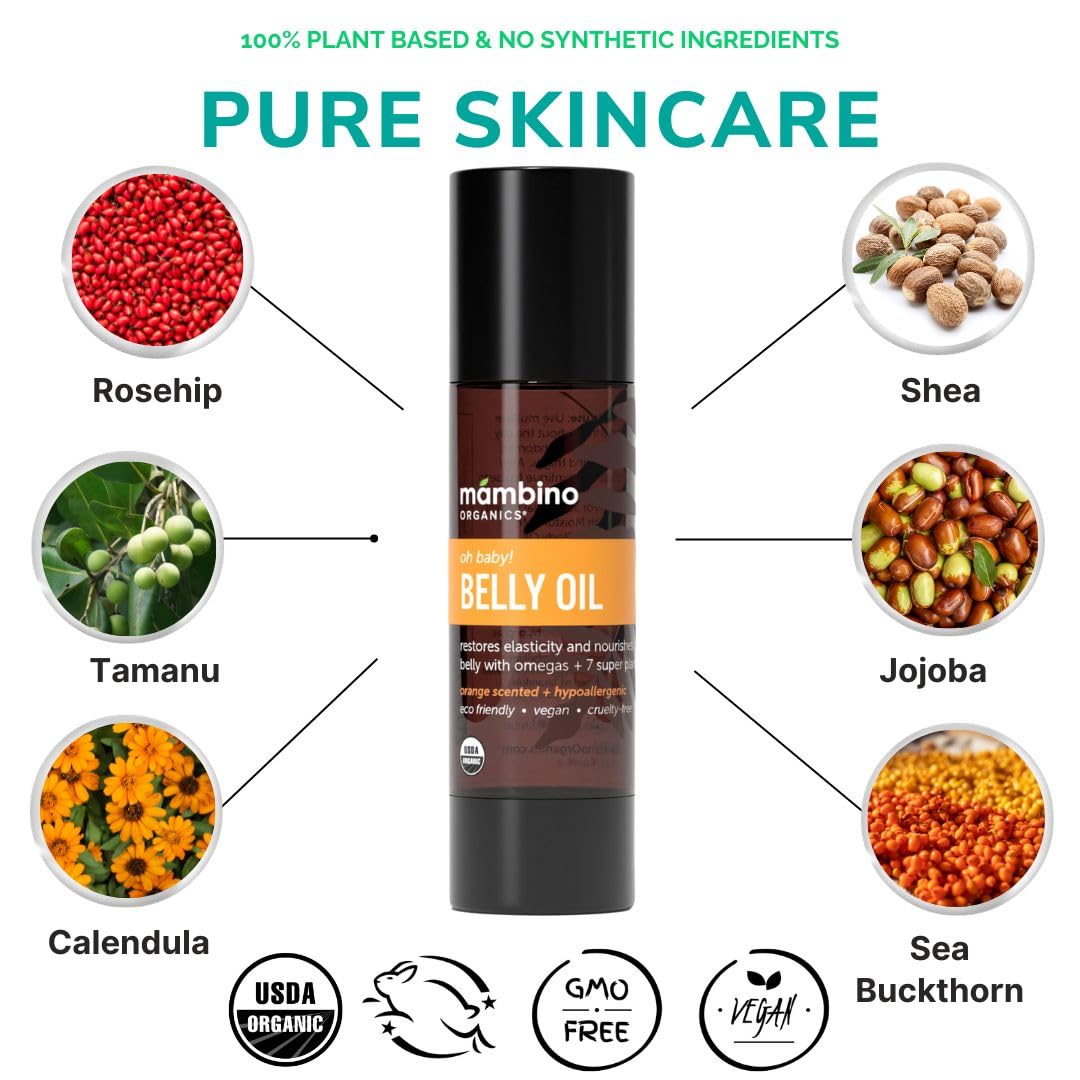 Mambino Organics Oh Baby! Belly Oil for Pregnant Women, Organic Stretch Mark Oil for Pregnancy, Postpartum Skin Elasticity, Hydration, With Tamanu, Shea Butter, Calendula, Vegan, Non-GMO, 4 fl oz