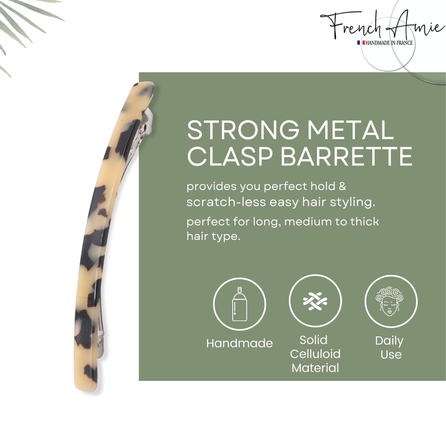 French Amie Long and Thin White Tokyo Large 4” Handmade Celluloid Automatic Hair Clip Barrette for Women and Girls (White Tokyo)