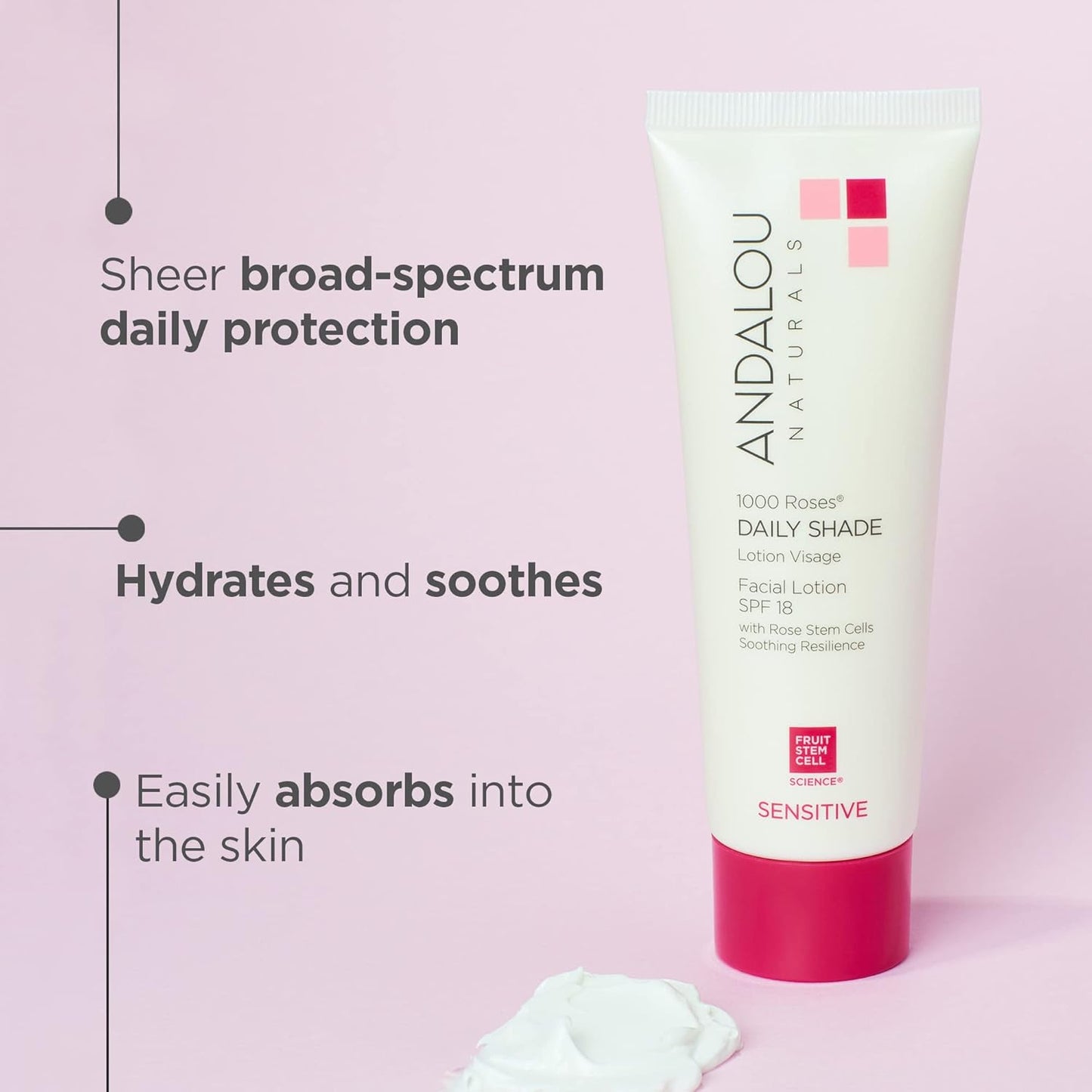 Andalou Naturals 1000 Roses Daily Shade Facial Lotion SPF 18 - 2-in-1 Skin Moisturizer & Face Sunscreen - Ultra Sheer & Hypoallergenic Skincare for Sensitive Skin - With Aloe Vera - 2.7 fl oz