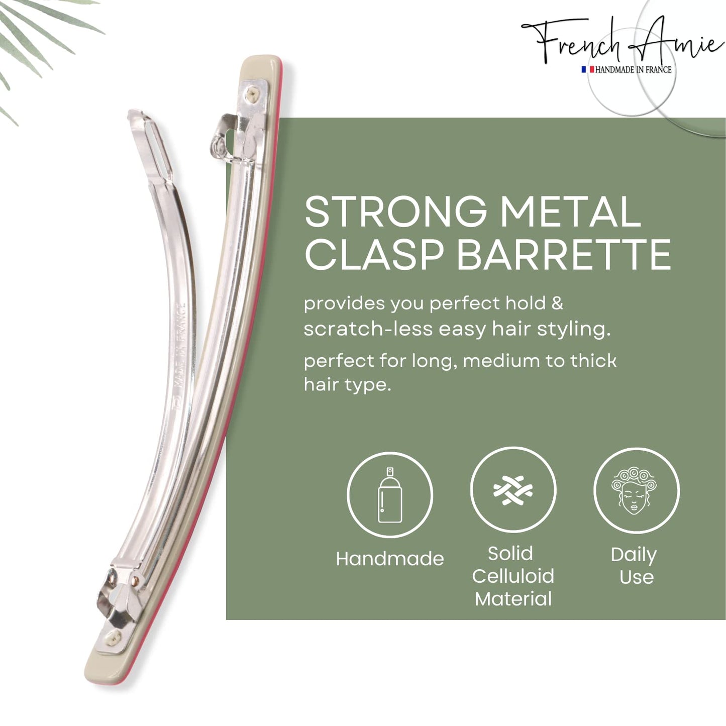 French Amie Long and Thin Rose Pink Large 4” Handmade Celluloid Automatic Sleek Hair Clip Barrette for Women and Girls (Rose Pink)