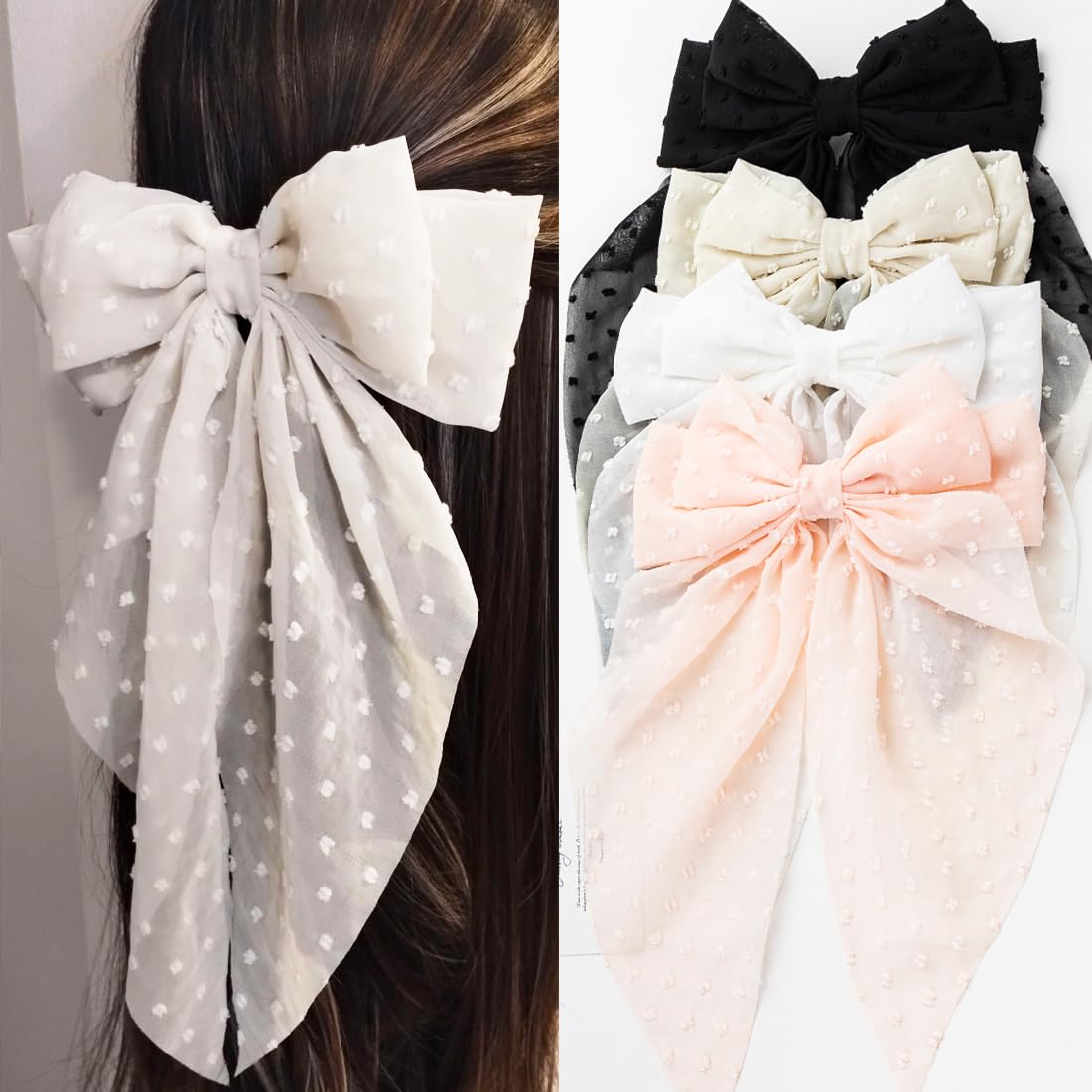 Large Hair Bows 4 PCS - Cute Oversized Ribbon Bows for Women in Beige, Light Pink, White, Black - Hair Barrettes for Different Occasions