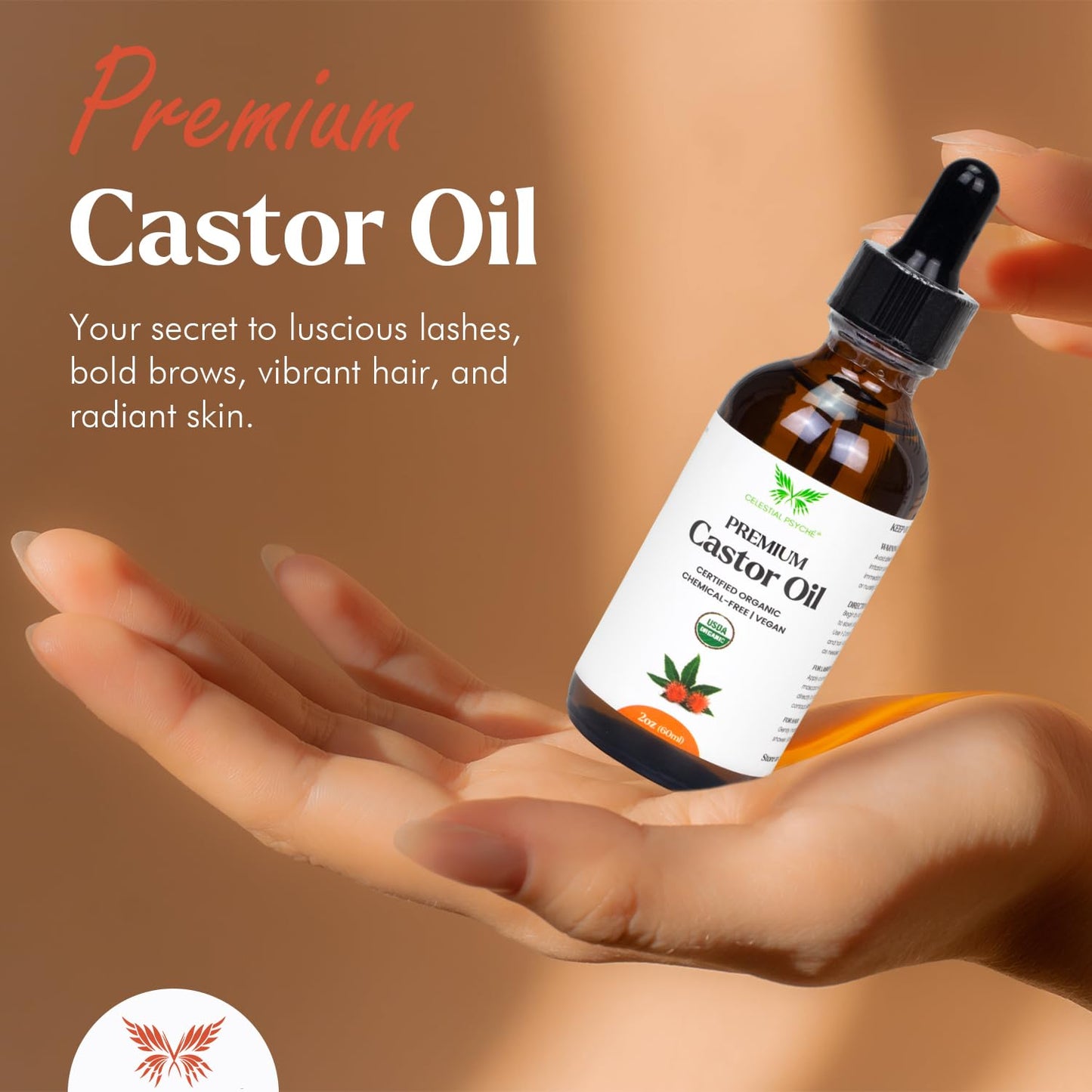 USDA Certified Organic Castor Oil (2 Oz with Essential Bundle - Eyebrow Kit) 100% Pure Natural, Chemical-Free, Hexane-Free, Promote Lash, Brow, and Hair Growth, Skin Hydration