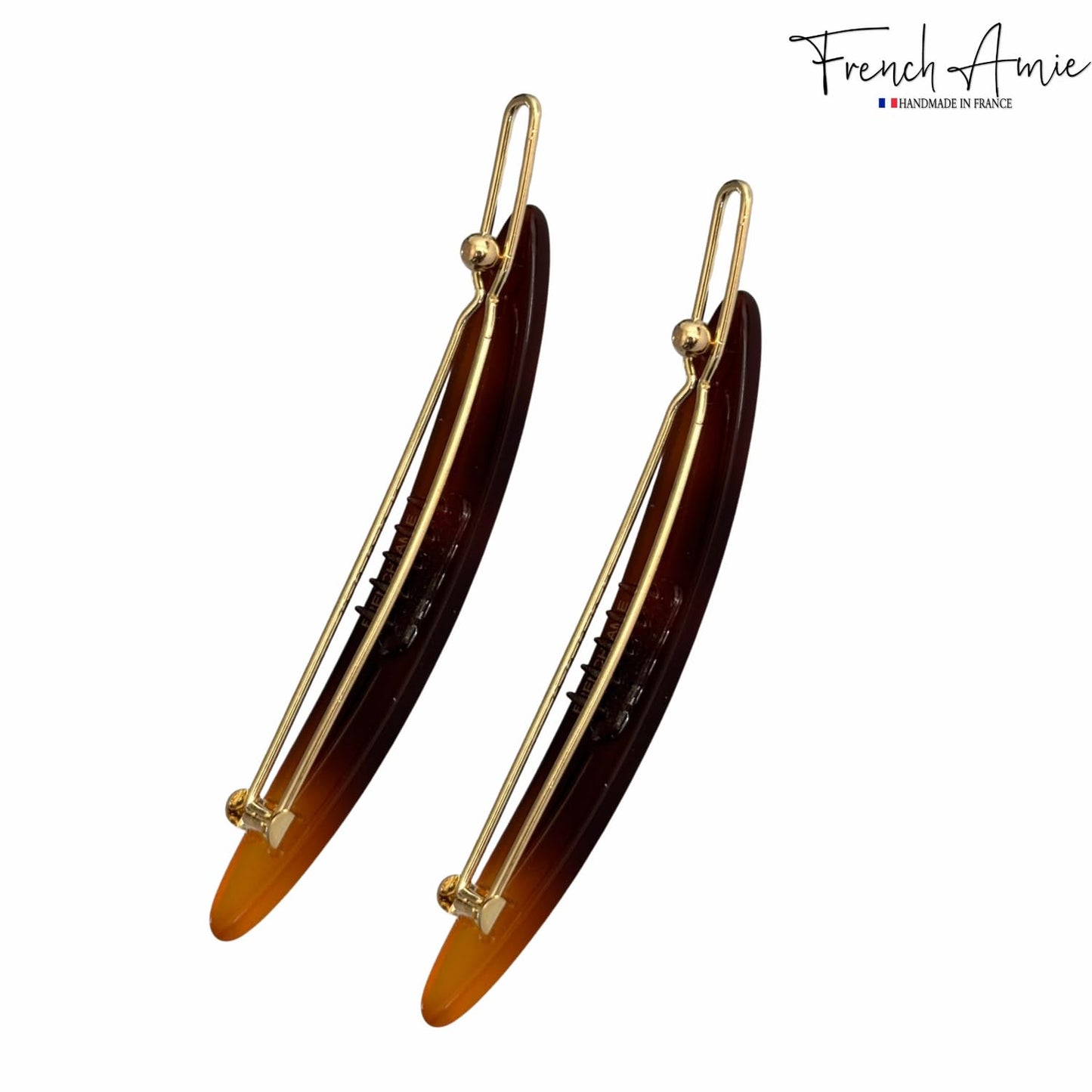 French Amie Narrow Oblong Small 2 1/4" Celluloid Acetate Set of 2 Side Slide In Hair Clip Barrettes with Tige Boule Clasp for Girls and Women, Made in France (Shell)