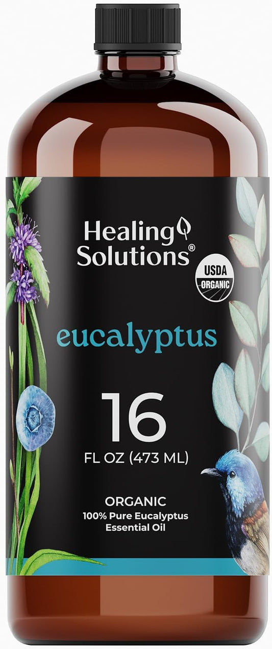 Healing Solutions Organic Eucalyptus Oil, Bulk 16oz - Natural Eucalyptus Scent - Large Bottle for Diffuser, Spray & More