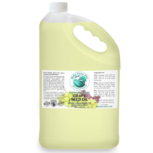 Bella Terra Oils Pure Grape Seed Oil – 1 gallon, Antioxidant-Rich, Lightweight, Radiant Skin, Frizz-Free Hair, Silky Touch