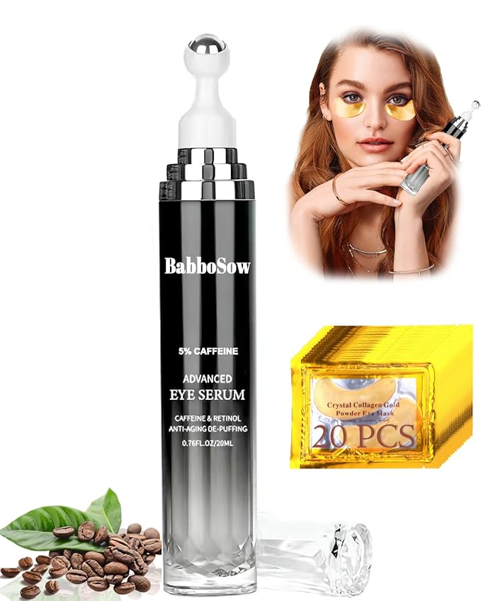 Caffeine Eye Cream and 24K Gold Eye Mask (20 pcs): Under Eye Serum for Dark Circles and Puffiness Eye Care Eye Serum Anti Aging with 360° Massage Ball Reduce Eye Bags, Wrinkles and Fine Lines