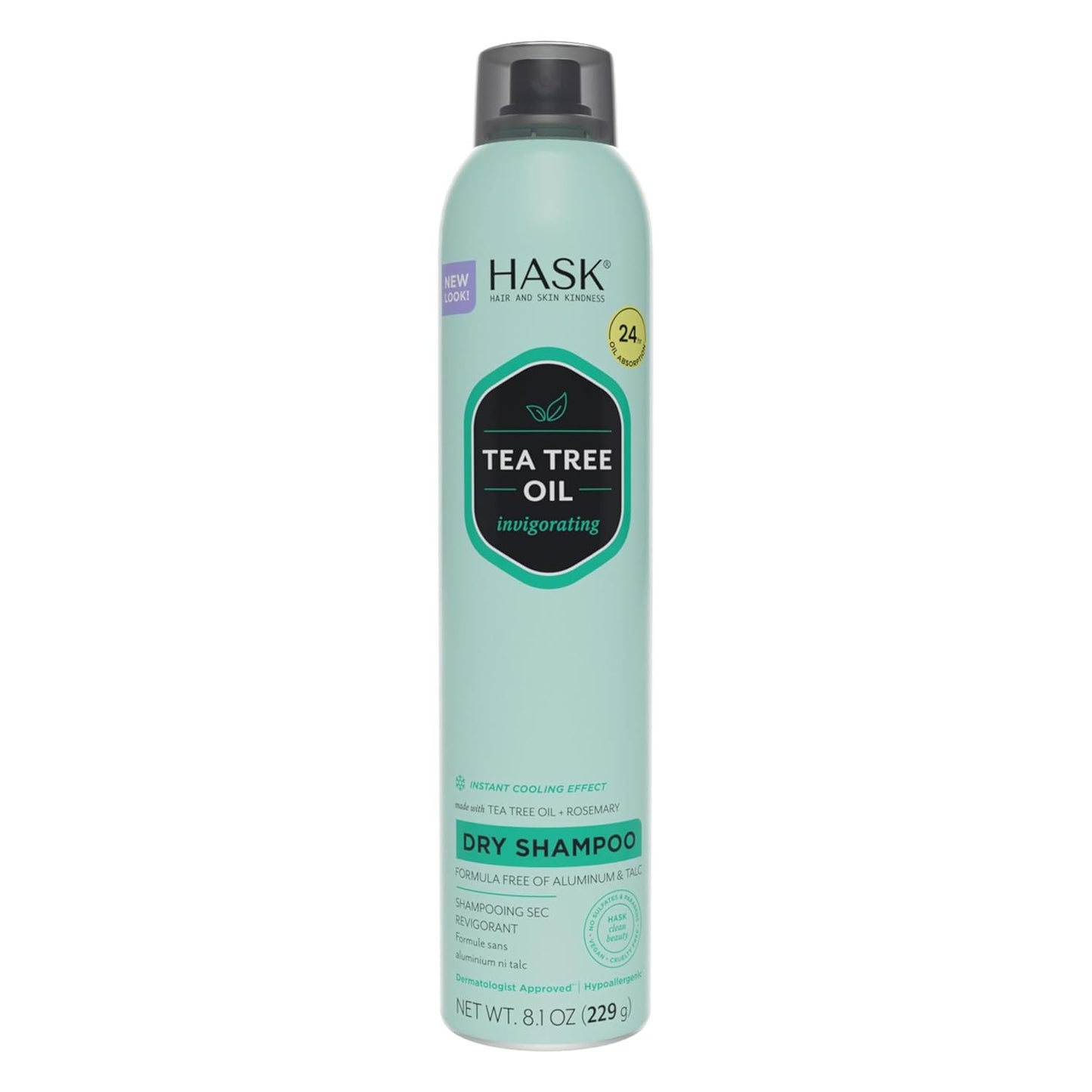 HASK Tea Tree Invigorating Dry Shampoo for Oily, Itchy Scalps – Absorbs Oil, Rebalances Scalp, Hypoallergenic, No Sulfates or Parabens, Cruelty-Free – 8.1oz