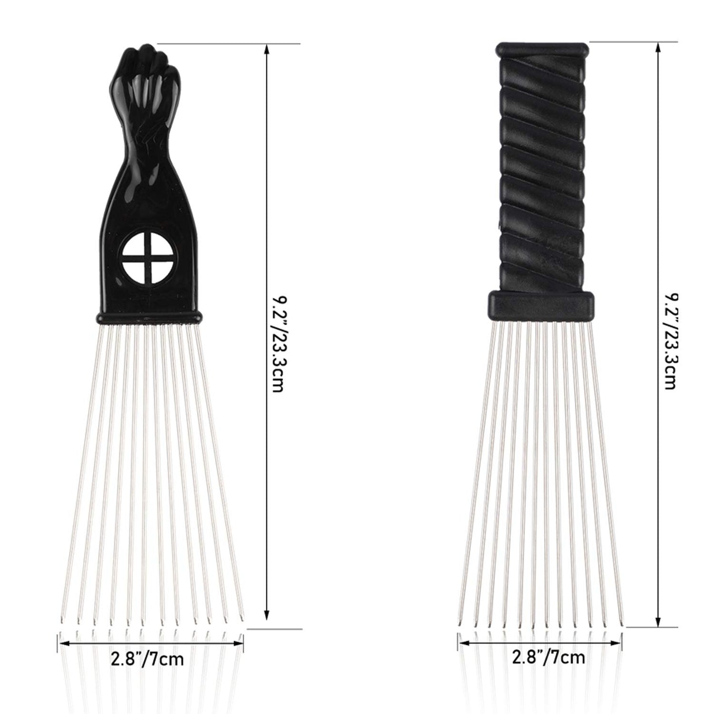 Afro Comb Metal African American Pick Comb Hairdressing Styling Tool, 2 Pack (Black-4, 2piece Assortment, Wide Teeth, Classic Black Fist Design, For Curly Hair and Afro Hairstyle)