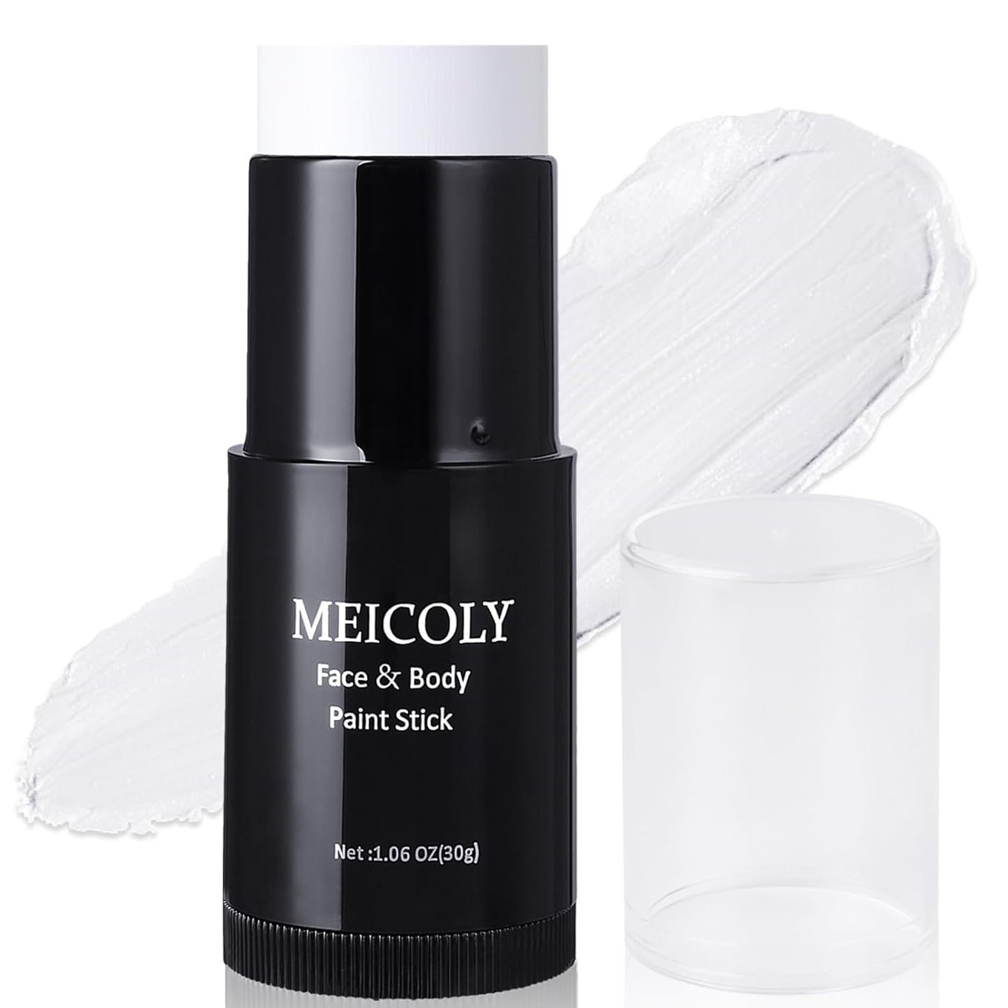 MEICOLY Clown White Face Body Paint Stick(1.06 Oz),Foundation Cream Makeup,Face Paint for Halloween Joker Zombie Vampire Skeleton Skull Special Effects Mime Makeup,White Eye Black Stick for Sports