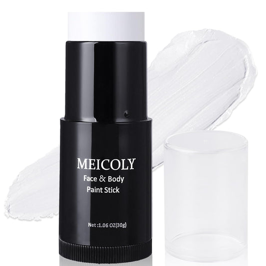 MEICOLY Clown White Face Body Paint Stick(1.06 Oz),Foundation Cream Makeup,Face Paint for Halloween Joker Zombie Vampire Skeleton Skull Special Effects Mime Makeup,White Eye Black Stick for Sports