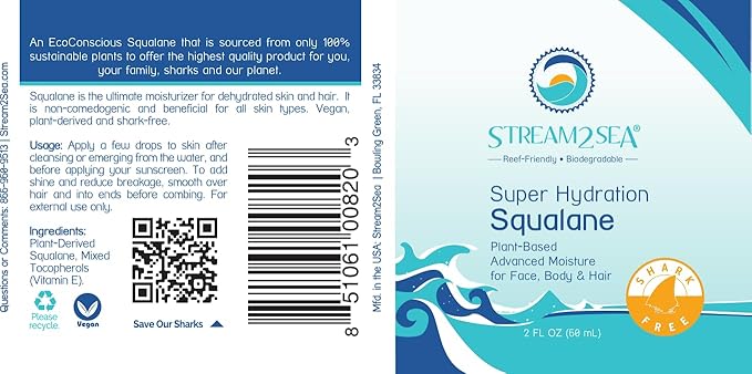 STREAM 2 SEA Squalane Olive Based, Reef Safe Certified Shark Free Plant Based Vitamin E Infused Face Moisturizer and Boosts Collagen Production, Biodegradable Skin and Hair Care, 2 Fl Oz