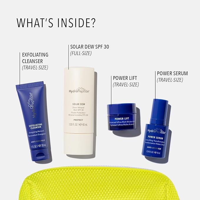 HydroPeptide Summer Skin on-the-Go Regenerative Routine & Travel Size Kit: Power Lift, Power Serum, Exfoliating Cleanser & Solar Dew Mineral Melt SPF30
