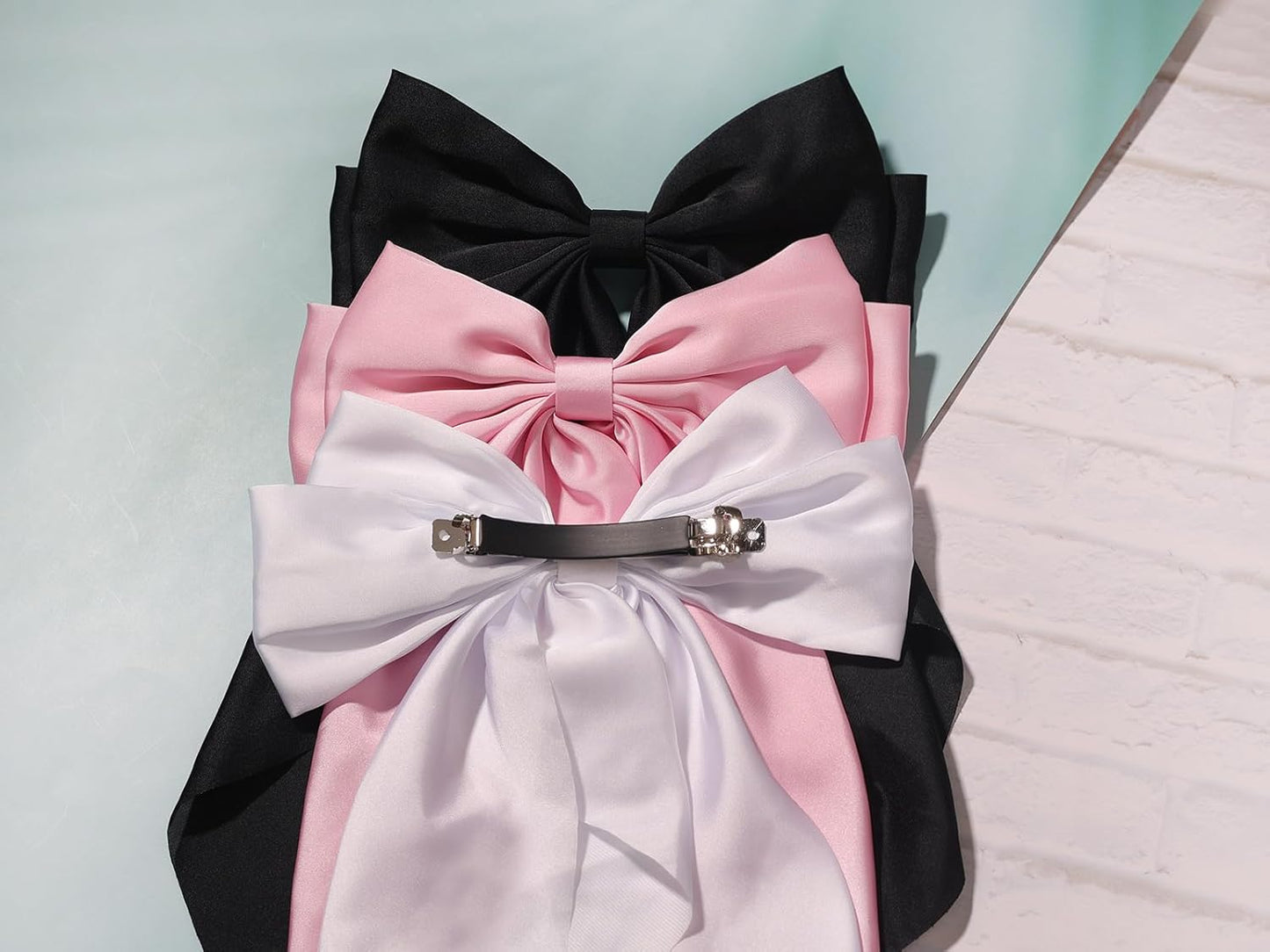 SUSULU 6pcs Large Hair Bows Big Bow Hair Barrette Clips for Women Girls,French Hair Bowknot with Long Tail Vintage Hair Accessories for Women Black/White/Pink