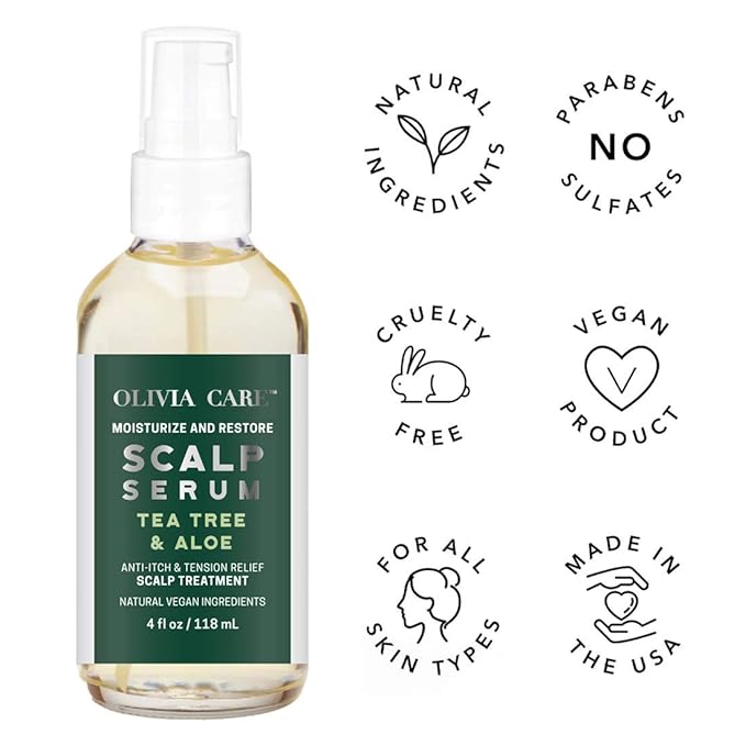 Olivia Care Tea-Tree & Aloe Scalp Serum - Natural & Vegan Ingredients - Moisturize & Anti-Itch Treatment - Stimulate Hair Growth & Repair Damage - 4 FL OZ