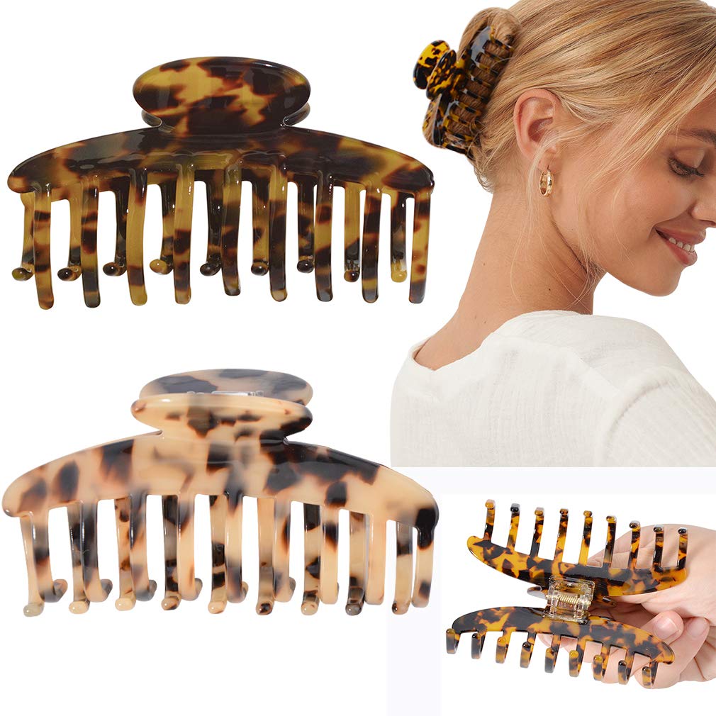 Big Claw Hair Clips 3.8 Inch Tortoise Banana for Women Girls Thin Hair French Design Celluloid Leopard Print Strong Hold for Thick Hair, 2 Color Available (2 Packs)