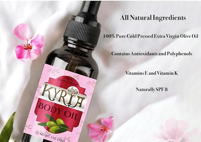 Kyria Greek Extra Virgin Olive Oil For Skin Care - Body Oil - Unrefined Cleansing Oil - Vitamin E - Face Moisturizer For Women - Active Skin Repair - 100% Pure cold pressed Greek Olive Oil - 2 FL OZ