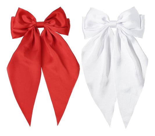 Furling Pompoms Hair Bows Clips for Women Large Bow Clips for Girls Satin Long Tails with Alligator Clips Big Hair Bow Hair Accessories (Red White)