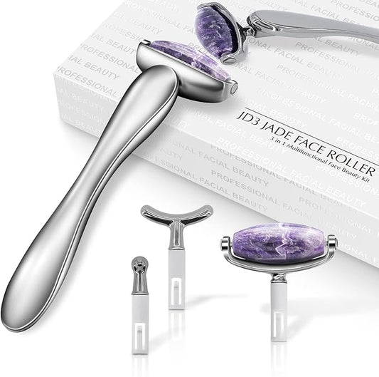 I·B·N G Jade Face Roller, Facial Rollers for Women, Face Massage Skin Care Beauty Tools with 3 Interchangeable Heads (Purple+Black)