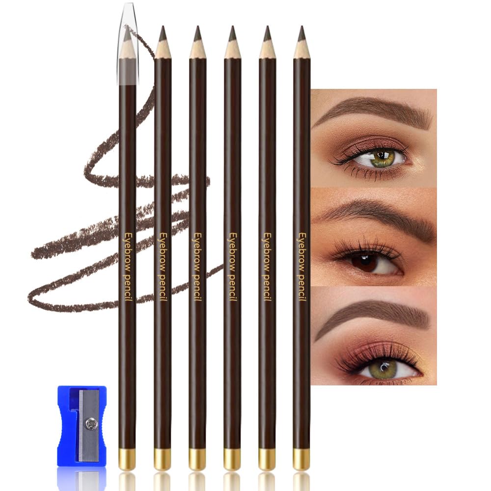 6Pcs Dark Brown Eyebrow Pencils for Women,Wooden Hard-Core Eyebrow Eyeliner Pencil,Sharpener Included,Long Lasting Waterproof Sweat-proof Create a Natural Eye Brow Makeup,Beginner Brow Pencil