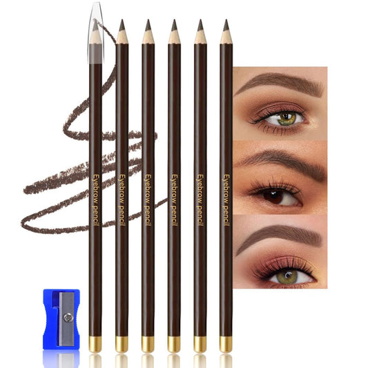 6Pcs Dark Brown Eyebrow Pencils for Women,Wooden Hard-Core Eyebrow Eyeliner Pencil,Sharpener Included,Long Lasting Waterproof Sweat-proof Create a Natural Eye Brow Makeup,Beginner Brow Pencil