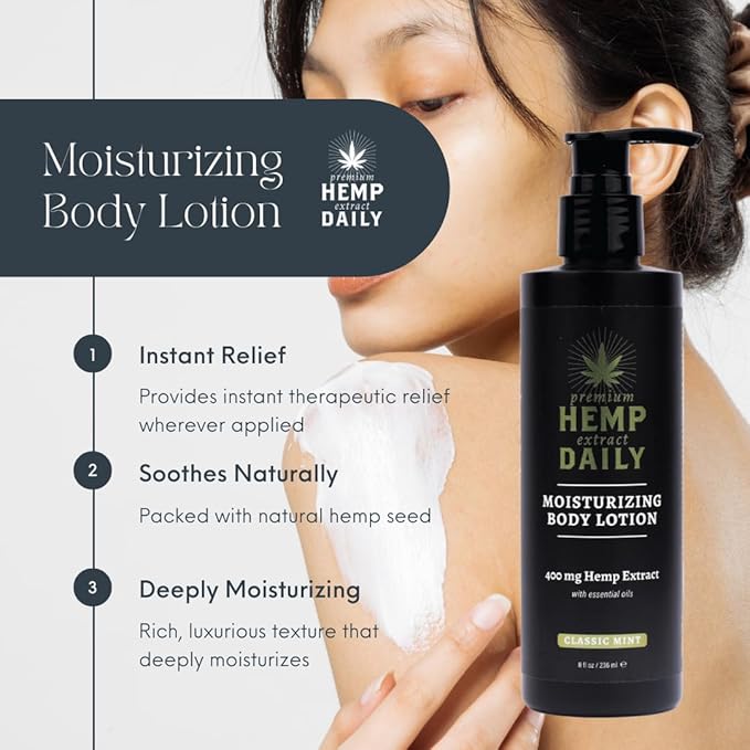 Premium Hemp Daily Ultra-Moisturizing Body Lotion - Face Moisturizer & Hand Cream - Dry Skincare Cream with Hemp Seed & Essential Oils - Classic Mint - 8oz (Pack of 1)