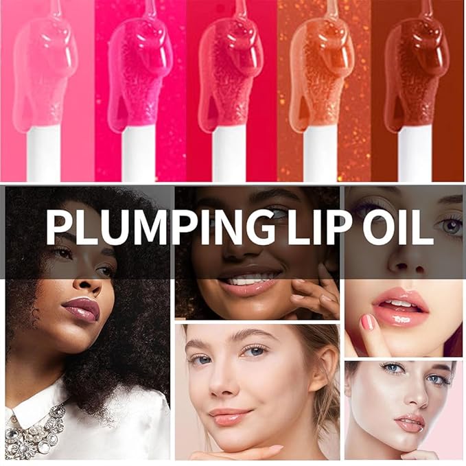 Plumping Lip Oil, Hydrating Gloss Tinted Lip Balm Transparent Lip Care, Big Brush Head Glitter Shine, Long Lasting Nourishing Non-sticky Fresh Texture(PINK)