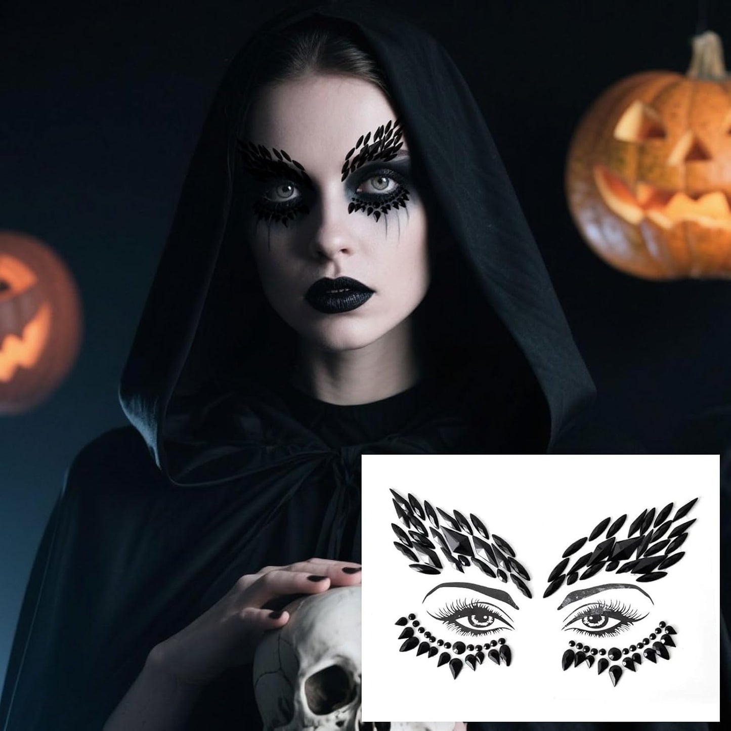 Halloween Face Tattoo Stickers Red & Black Face Gems- Rhinestones Face Decoration for Women & Kids - Vampire, Devil, Witch Costume Makeup Accessories - Spooky Face Art Supplies-2 pack