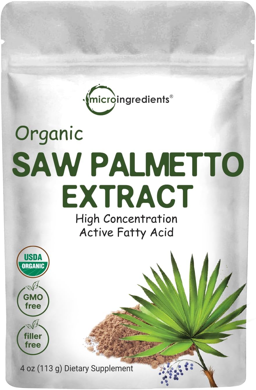 Sustainably US Grown, Organic Saw Palmetto Powder, 4 Ounce, with Active Fatty Acid, Pure Saw Palmetto Prostate & Hair Growth Supplement, Healthy Urination Frequency & Hair Loss Blocker Supplement