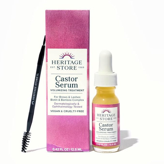 HERITAGE STORE Castor Oil Serum Volumizing Treatment for Fuller, Longer Looking Eyelashes, Bold Brows - Ophthalmology Tested Lash Serum w/Organic Castor Oil, Black Castor Oil, Biotin, Vegan, 0.42oz